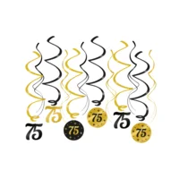 Hangdecoratie - 75 jaar - Swirls - Zwart / goud - 6dlg.