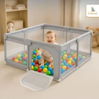 LUBREJO® Grondbox - Speelbox - Playpen - Kinderbox - Baby box - Veilige kinderbox met Zachte Vloer - Grijs - Inclusief 50 Speelballen - 120x120cm