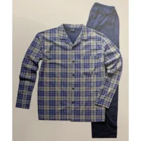 Ammann heren doorknoop pyjama: Blauw / Grijs Carree. 100% Katoen