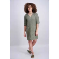 Signe Nature Dames kleed: Linnen, Kaki, korte mouw ( Signe.1377 )