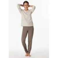 Schiesser damespyjama 180062 lichtbruine broek , sandkleurig bovenstuk met bruine print
