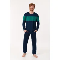 Woody heren pyjama donkerblauw met groene streep