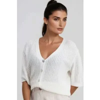 Signe Nature dames cardigan: Ecru, met knopen en korte mouw ( Signe.1353 )