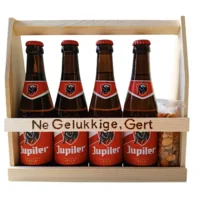 Jupiler bierpakket : Ne Gelukkige, ...' (4 flesjes) - Houten kratje