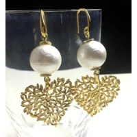 Vergulde oorhangers katoenparel & harten blad