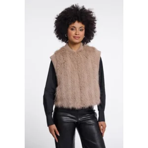 Rino & Pelle bodywarmer: Alvita, Oat ( beige ) kleur, bont ( RINO.113 )