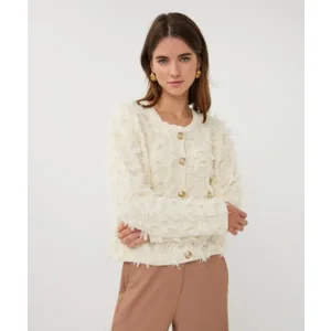 Esqualo Cardigan: Ecru, Lange Mouw, met fringes ( ESQ.315 )