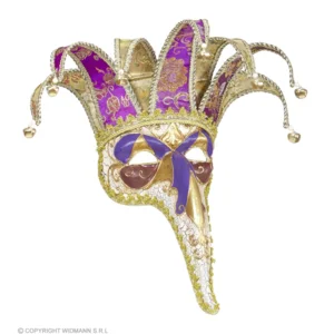 Venetiaans luxe masker met vrolijke lange neus | Venetiaans masker met belletjes