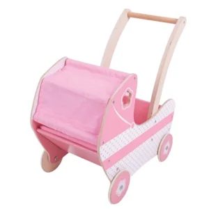 Poppenwagen - Hout - Roze wit - Stoffen kap - Met matrasje - 46x47x29cm