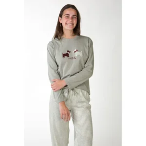 Perlina Dames Pyjama: Valentina A, Bordeaux of Groen, Interlock Brushed ( LIN.156 / LINA.157 )