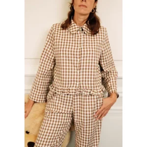 NanyBlouses Le Vichy Latte damespyjama in bruin en wit