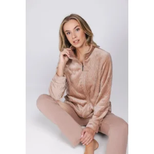 Pastunette dames Home wear: Licht beige, met rits, Lekker warm ( tot maat 54 ) ( PAS.198 )