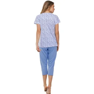 Pastunette Dames pyjama: korte mouw / capri broek, blauw / ecru ( PAS.106 )