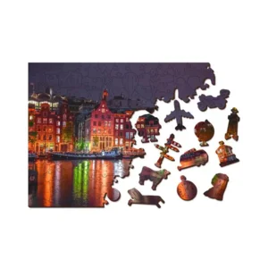 2 in 1 Puzzel - Amsterdam by Night - met figuurtjes - Wooden City