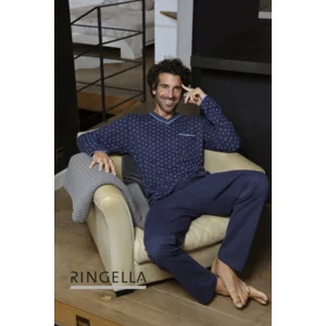 Ringella heren pyjama met v-hals donkerblauw