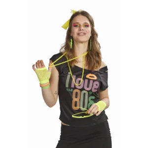 Neon Gele Accessoireset voor Dames – Bril, Diadeem, Oorbellen, Ketting & Handschoenen – Festival