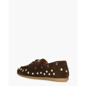 DWRS Label Latty Big Studs Donkerbruin Dames Veterschoenen