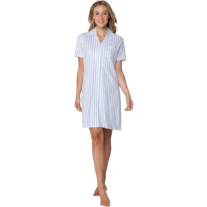 Pastunette dames nachthemd: Blauw gestreept, Doorknoop model, Korte mouw ( PAS.164 )