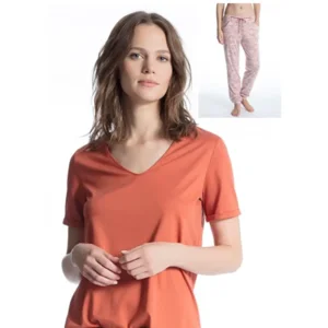 Calida Pyjama: oranje shirt + geprinte broek (ZWITSERS KATOEN / OEKOTEX)