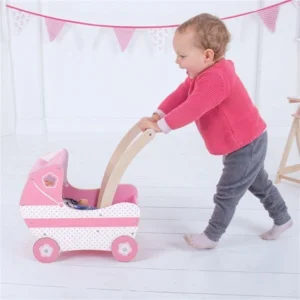 Poppenwagen - Hout - Roze wit - Stoffen kap - Met matrasje - 46x47x29cm