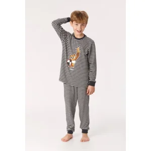 Woody jongens pyjama antraciet-gebroken wit