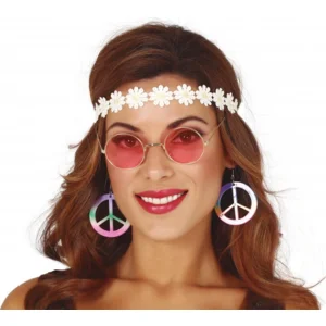 Hippie accessoire set voor vrouwen bestaande uit een oorbellen, een bril en een hoofband.