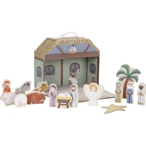 Speelkoffer- Kerststal - Met 14 houten figuren - 25x11x18cm