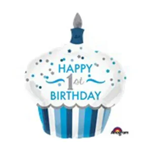 Folieballon 1st Happy birthday blauwe cupcake