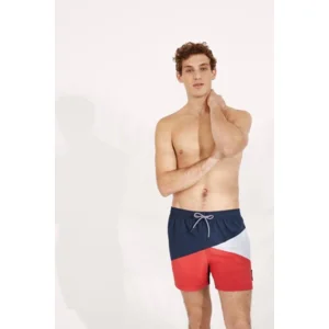 Ysabel Mora Blockstripe losse herenzwemshort in blauw en rood