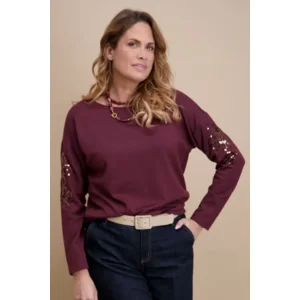 Signe Nature Sweater met rol kol: Bordeau, tweed motief ( Signe.1403 )