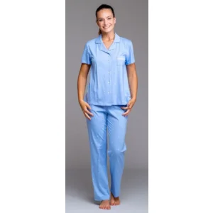 Egatex Dames pyjama: Blauw, Doorknoop model, korte mouw en lange broek ( EGA.530 )