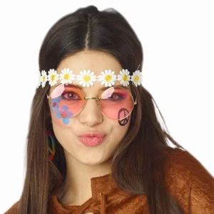 Hippie accessoire set voor vrouwen bestaande uit een oorbellen, een bril en een hoofband.