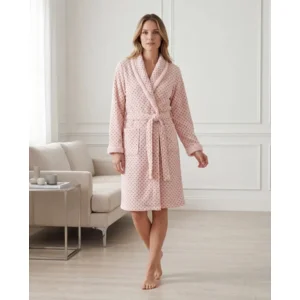 Egatex kamerjas Dames: Roze met bolletjes, Riem, fleece ( EGA.540 )