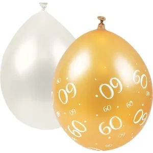 Ballonnen - 60 jaar - Goud, wit - 30cm - 8st.