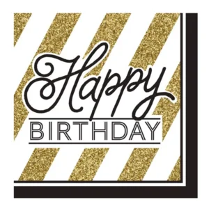 Servetten - Happy Birthday - Zwart, wit & goud - 16st.