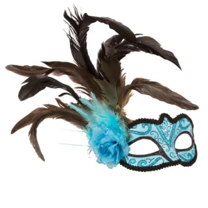 Venetiaans Masker turquoise met bloem en pluim