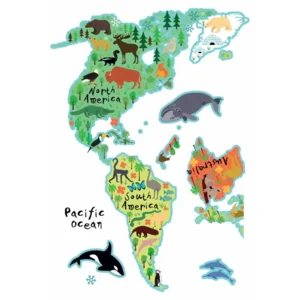 Wereldkaart muursticker  met dieren-18-delig