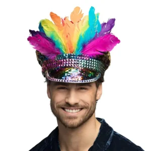 Opvallende Regenboog Paillettenpet met Veren – Het Ultieme Party Accessoire
