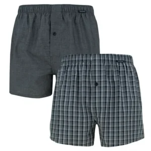 Schiesser set van 2 boxershorts katoen wit/grijs en blauw/grijs