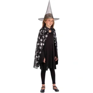 Kostuum - Heksencape met hoed - Zwart/zilver - Voor kinderen - One size