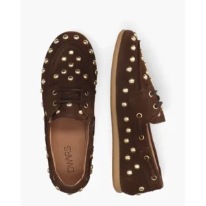 DWRS Label Latty Big Studs Donkerbruin Dames Veterschoenen