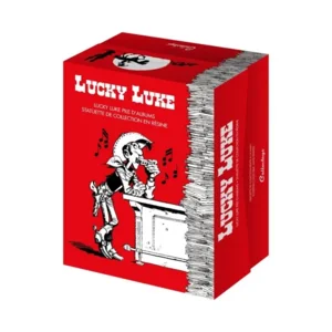 Lucky Luke met stapel stripboeken - Beeldje in kunsthars