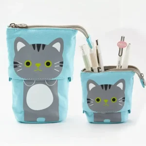 Uitschuifbaar Staand School Etui Pennenzak Canvas Kat Poes Blauw