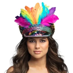 Opvallende Regenboog Paillettenpet met Veren – Het Ultieme Party Accessoire