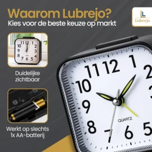 LUBREJO® Traditionele Analoog Wekker Pro - Zonder Tikgeluid - Opbouwend Alarmsignaal - Eenvoudige Bediening - Senioren - Zwart - Voor de Slaapkamer