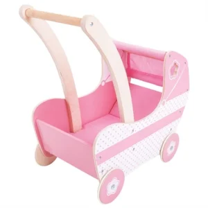 Poppenwagen - Hout - Roze wit - Stoffen kap - Met matrasje - 46x47x29cm