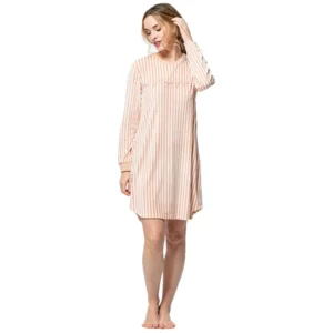 Egatex dames Nachthemd: Peach gestreept, Velours ( EGA.511 )