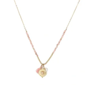 Gouden Stainless steel ketting roze edelsteentjes en pareltje