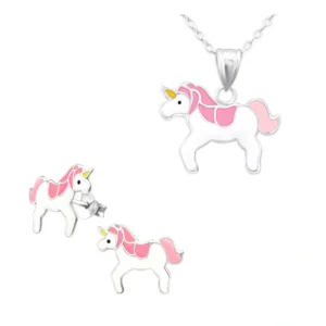 Set  925 zilveren ketting + oorbellen Unicorn Eenhoorn