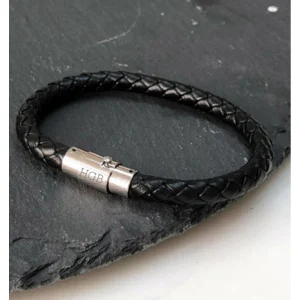 Zwart leren heren armband - incl. graveren